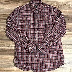 Bugatchi Uomo Shirt Mens Medium Blue Gray Red Brown Check Classic Fit Button Up